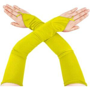 Women's Fingerless Yellow Long Satin Fabric Gloves Stretchy Elbow Length Gloves